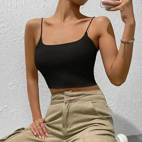 Black Boho Ladies' Solid Crop Cami Top - Picture 4 of 5